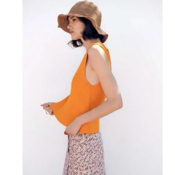 Orange Zara Ribbed V-Neck Sleeveless Sweater Top (NWT) - Picture 3 of 9